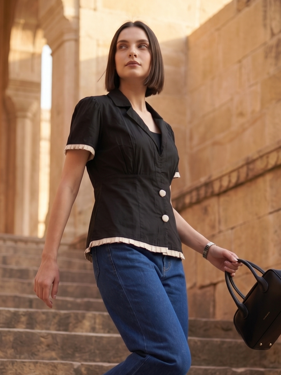 Black Cotton Lapel Collar Pleated Shirt Tops for Women