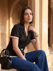 Black Cotton Lapel Collar Pleated Shirt Tops for Women