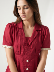 Red Cotton Lapel Collar Tie-Up Shirt for Women