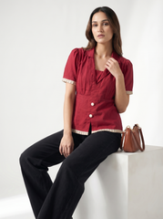 Red Cotton Lapel Collar Tie-Up Shirt for Women