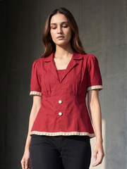 Red Cotton Lapel Collar Tie-Up Shirt for Women