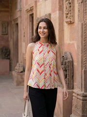 Cream Chevron Print Halter Neck Cotton Top