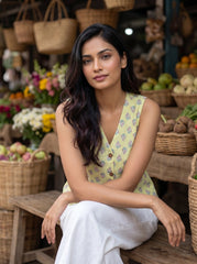 Lime Green Floral V Neck Cotton Tops for Women