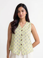 Lime Green Floral V Neck Cotton Tops for Women