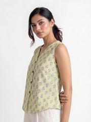 Lime Green Floral V Neck Cotton Tops for Women