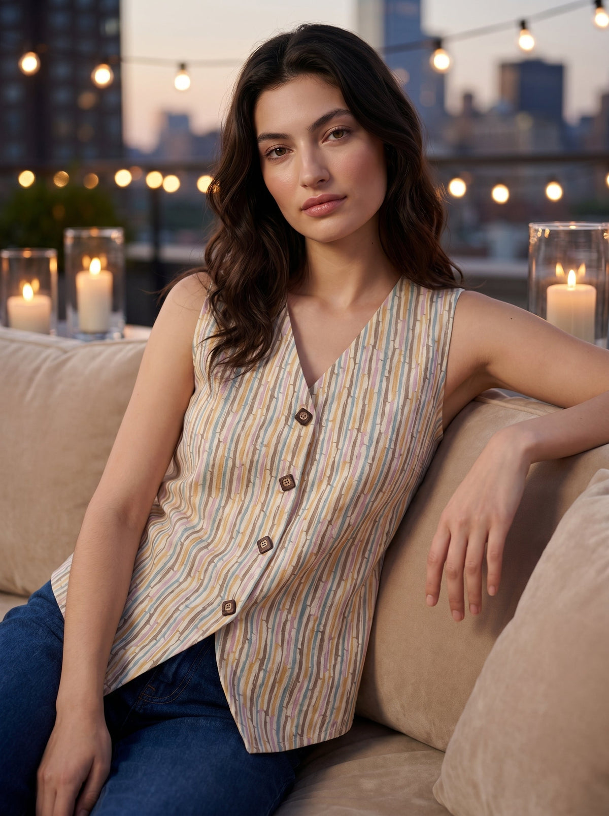 Cream Striped Smocked V Neck Cotton Top
