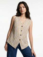Cream Striped Smocked V Neck Cotton Top
