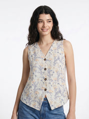 White Floral V Neck Tropical Cotton Tops for Women