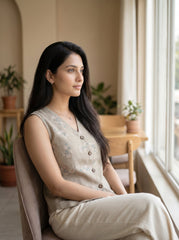 Khaki Floral Print V Neck Cotton Top