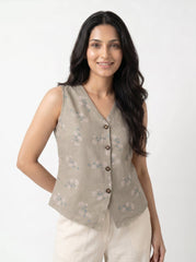 Khaki Floral Print V Neck Cotton Top