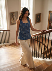 Blue Floral Square Neck Pocket Detail Cotton Top