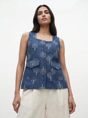 Blue Floral Square Neck Pocket Detail Cotton Top