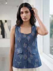 Blue Floral Square Neck Pocket Detail Cotton Top