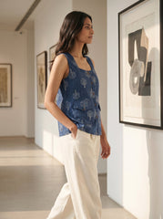 Blue Floral Square Neck Pocket Detail Cotton Top