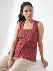 Red Geometric Print Square Neck Cotton Top