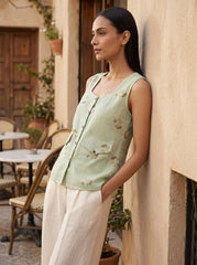 Green Floral Square Neck Layered Cotton Top