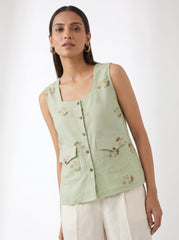 Green Floral Square Neck Layered Cotton Top