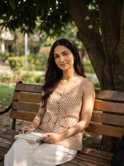Beige Polka Dot Square Neck Cotton Tops for Women