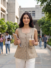 Beige Polka Dot Square Neck Cotton Tops for Women