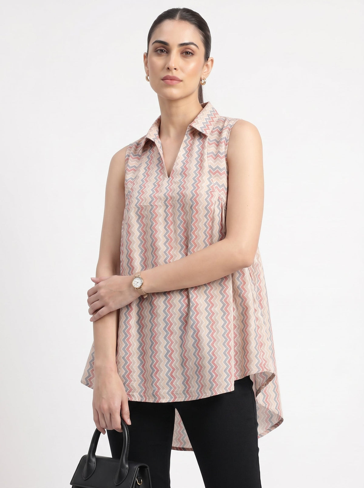 Cream Chevron Shirt Collar Cotton Tops for Women