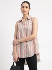 Cream Chevron Shirt Collar Cotton Tops for Women