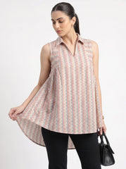 Cream Chevron Shirt Collar Cotton Tops for Women