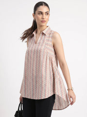 Cream Chevron Shirt Collar Cotton Tops for Women