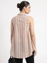 Cream Chevron Shirt Collar Cotton Tops for Women