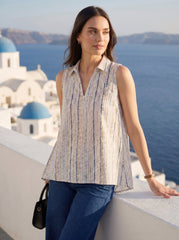 White Chevron Shirt Collar Tie-Up Cotton Top