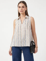 White Chevron Shirt Collar Tie-Up Cotton Top