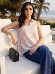 Pink Chevron Shirt Collar Casual Cotton Top