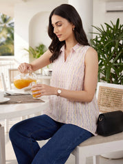 Pink Chevron Shirt Collar Casual Cotton Top