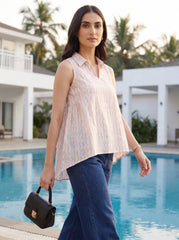 Pink Chevron Shirt Collar Casual Cotton Top