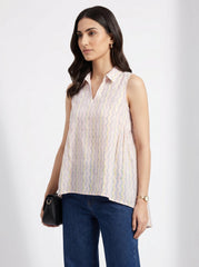 Pink Chevron Shirt Collar Casual Cotton Top