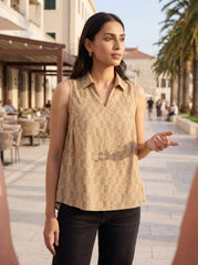 Khaki Chevron Shirt Collar Tie-Up Tops for Women