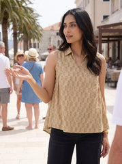 Khaki Chevron Shirt Collar Tie-Up Tops for Women