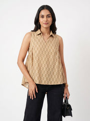 Khaki Chevron Shirt Collar Tie-Up Tops for Women