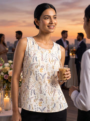 White Tropical Floral Round Neck Cotton Top