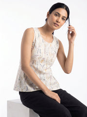 White Tropical Floral Round Neck Cotton Top