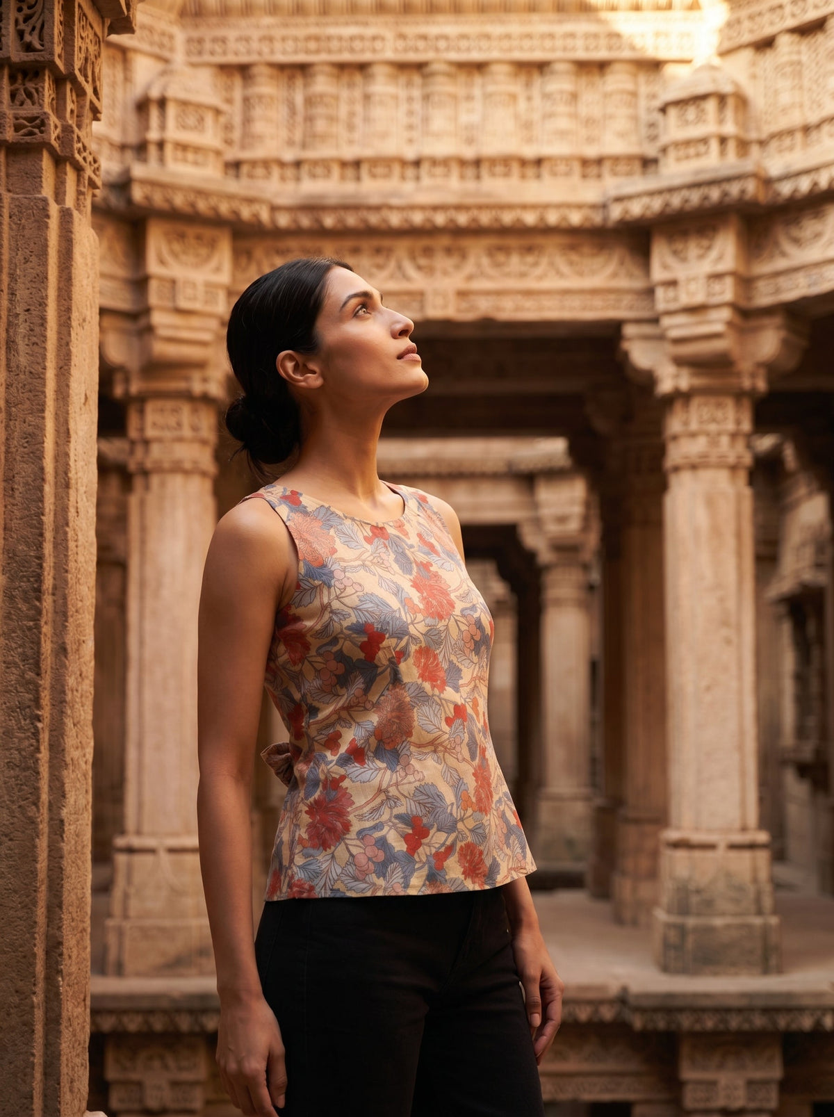Orange Floral Lace-Up Round Neck Cotton Top