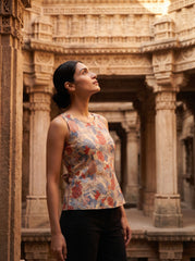 Orange Floral Lace-Up Round Neck Cotton Top