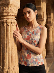 Orange Floral Lace-Up Round Neck Cotton Top