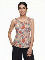 Orange Floral Lace-Up Round Neck Cotton Top