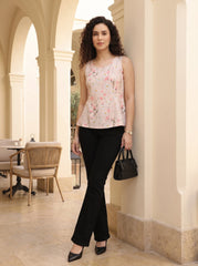 Peach Floral Round Neck Lace-Up Cotton Top