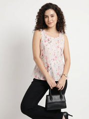 Peach Floral Round Neck Lace-Up Cotton Top