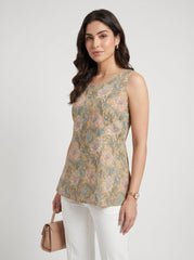 Tan Floral Gathered Round Neck Cotton Top