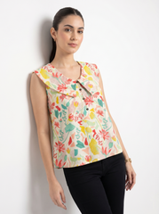 Cream Floral Peter Pan Collar Cotton Top