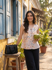 White Indie Floral Peter Pan Collar Cotton Top