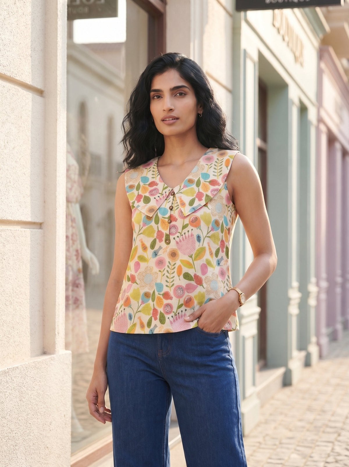 Cream Indie Floral Peter Pan Collar Tops for Women