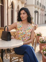 Cream Indie Floral Peter Pan Collar Tops for Women